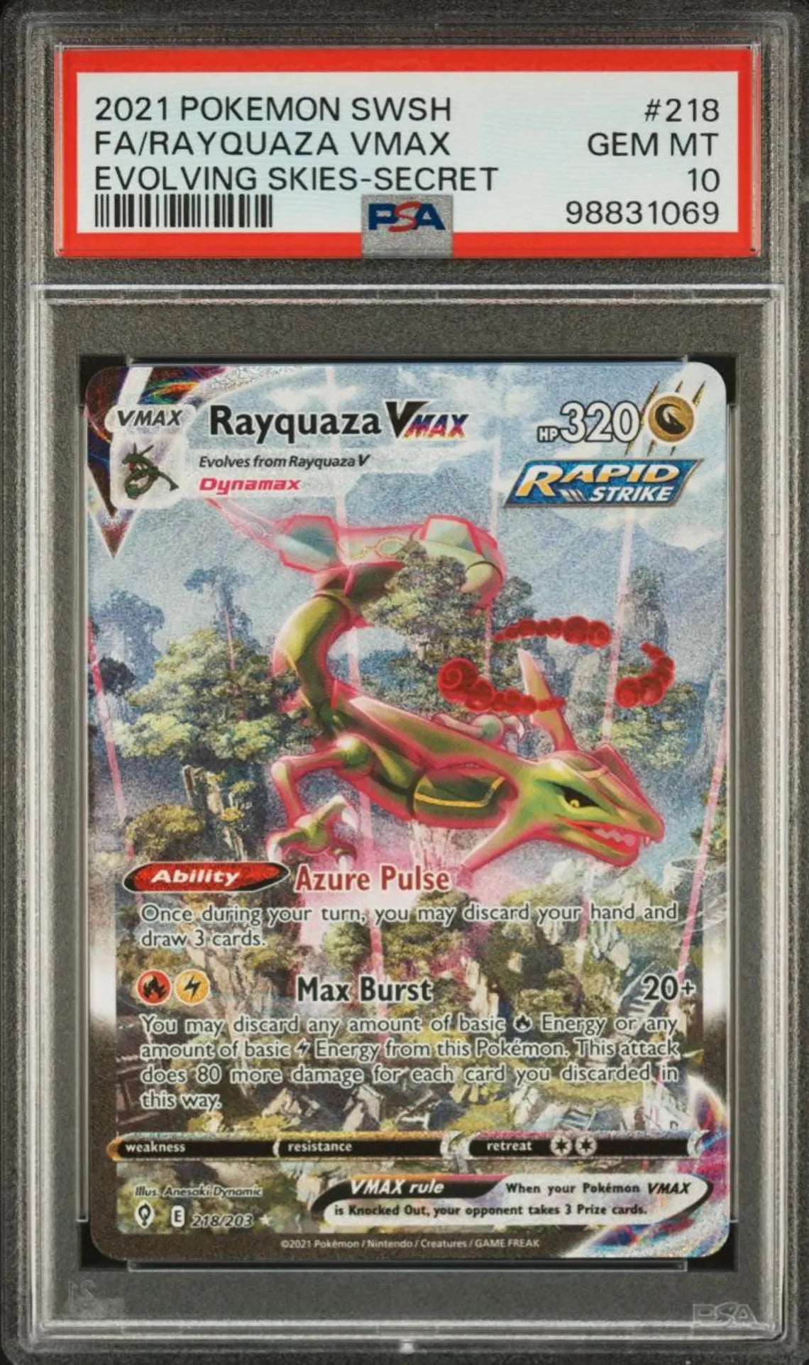 Pokemon SWSH fa/rayquaza vmax evolving skies-secret 218/203 PSA 10