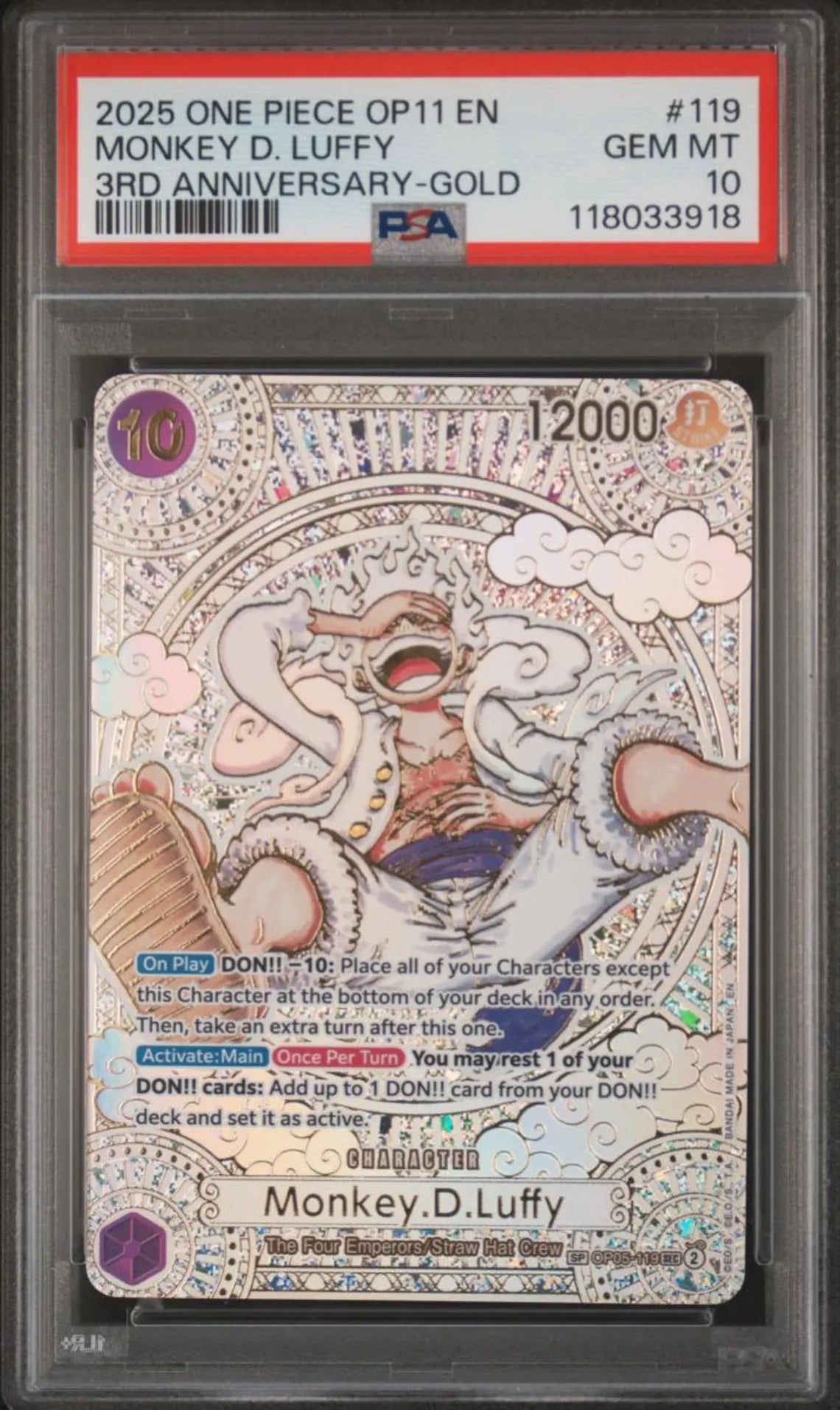 One Piece Monkey D. Luffy 3rd Anniversary gold op05-119 SEC PSA 10